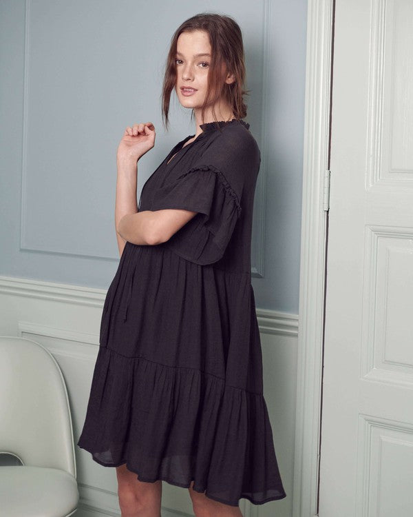 black ruffle tiered mini dress Ruffled neck tiered mini dress PLUS Black / 2X