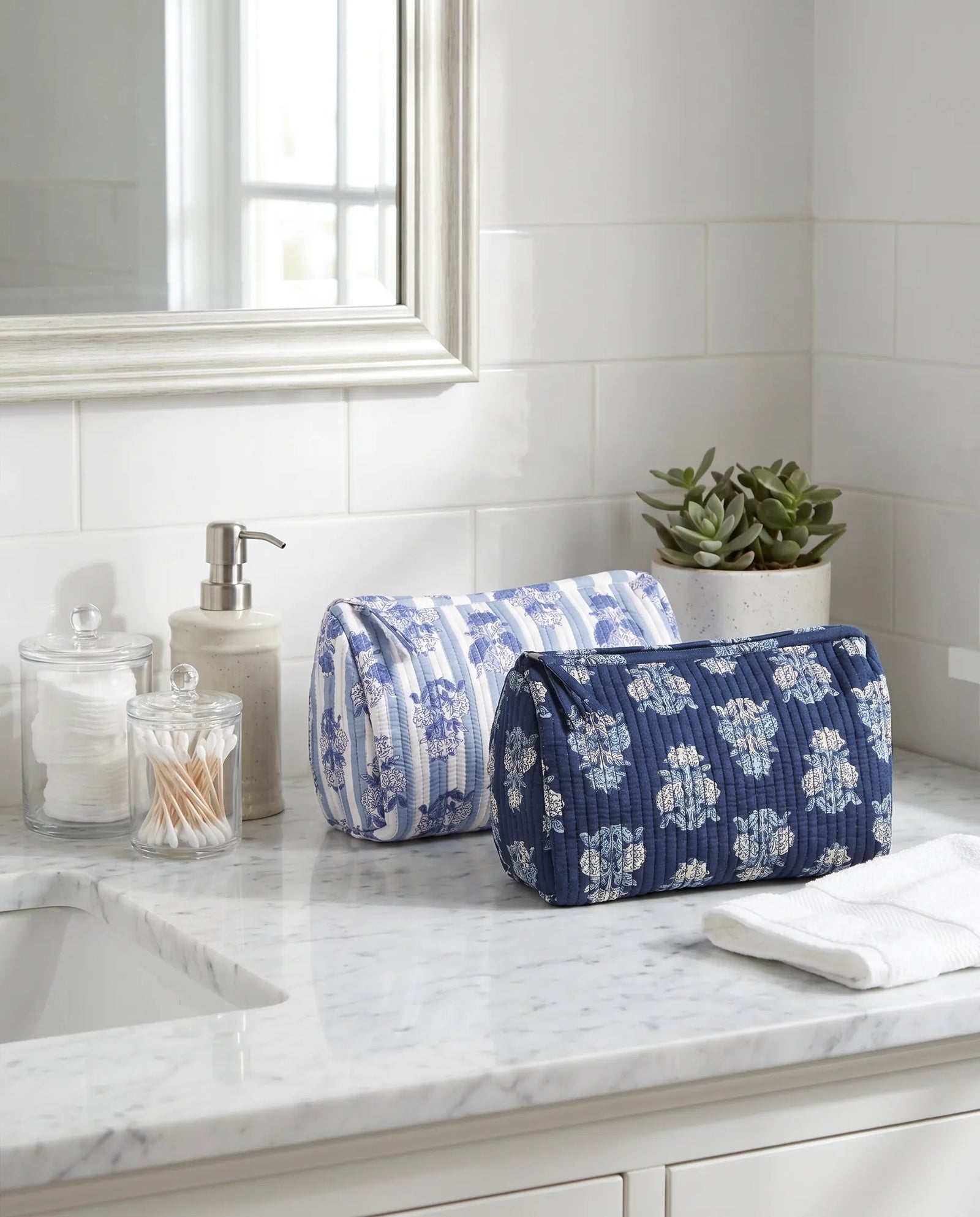 Blue Cornflower Block Print Quilted Cosmetic Zip Pouch