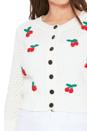 Cherry Crochet Pom Pom Cropped Cardigan Sweater