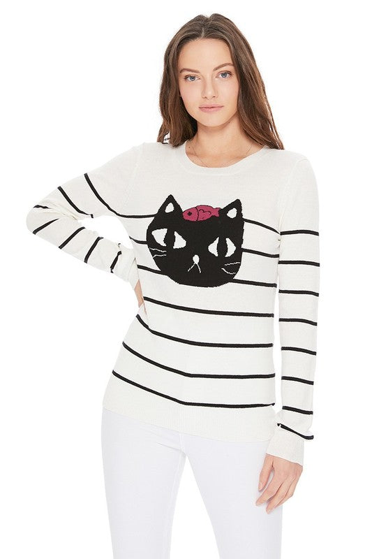 Cute Cat Face Jacquard Sweater Pull Over