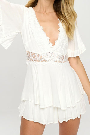 Flutter Sleeved Short Romper with Crochet Trim - Beige, White