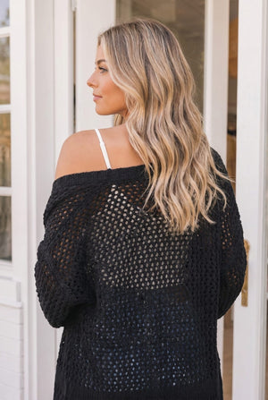 Hole in One Black Openwork Knit Cardigan