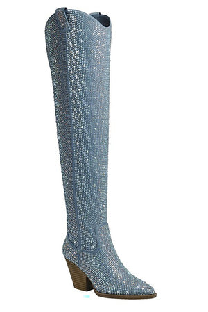 Over Knee Rhinestone Western Boots White, Blue Denim Knitted