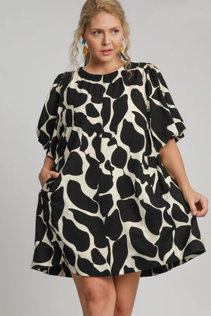 Two Tone Abstract Print Puff Sleeve Dress Plus Size