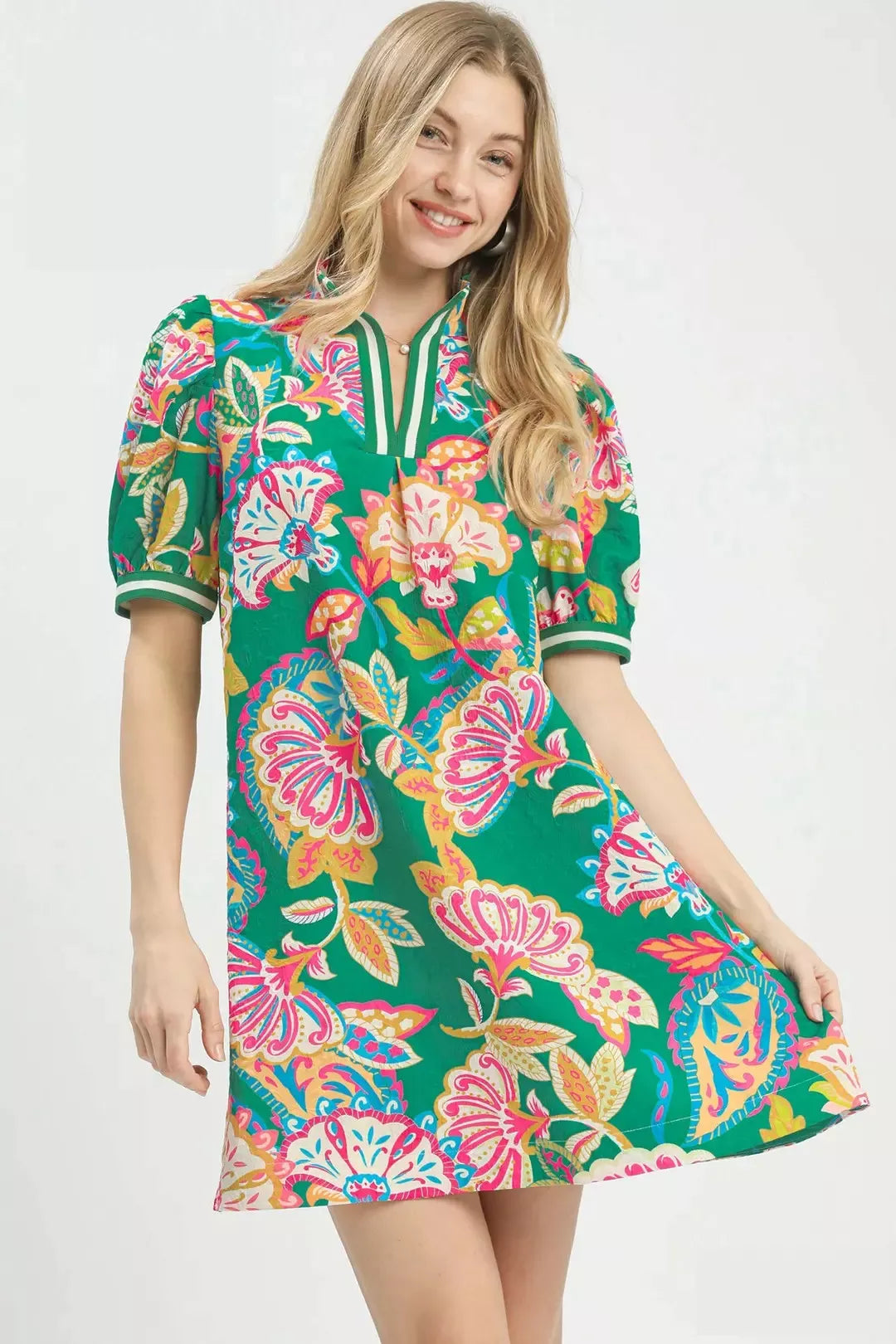 Jacquard Paisley Print Puff Sleeve Tunic Dress