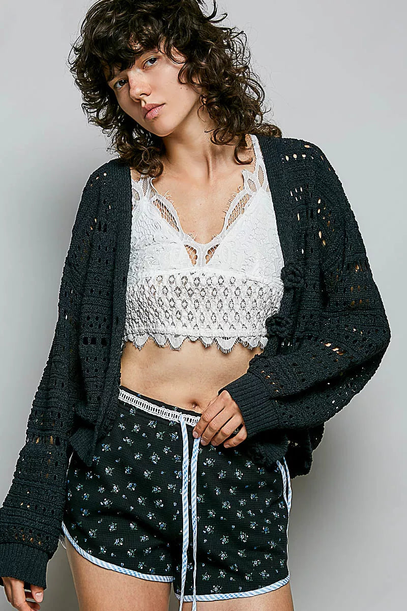 Open-Knit Floral Button Cardigan