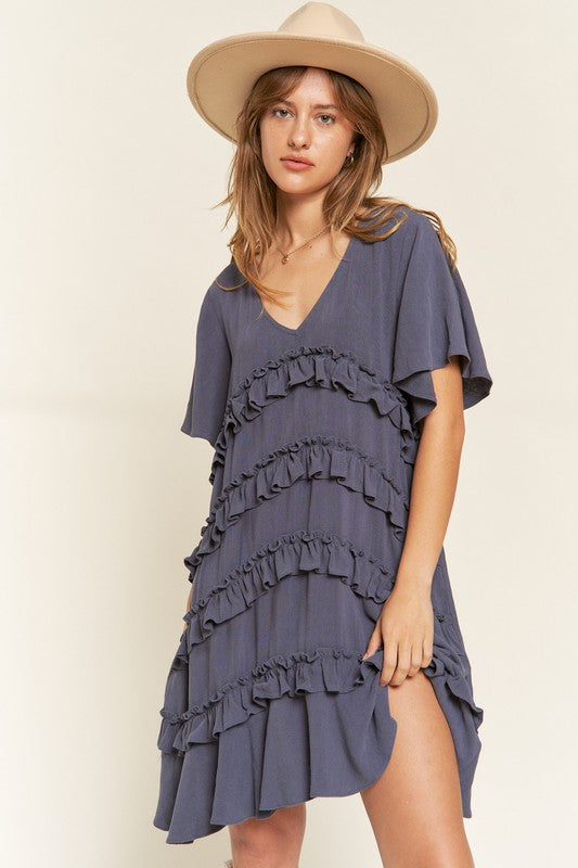 Tiered Ruffle Mini Dress - Plus Size - Light Mauve, Cement Grey