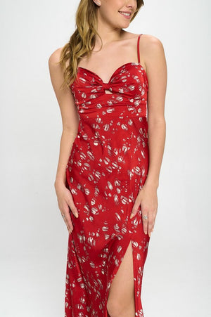 Satin Floral Print Maxi Dress - Black, Brown, Red