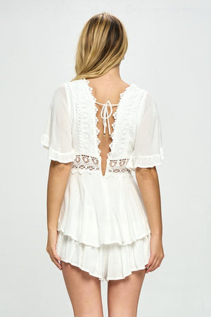 Flutter Sleeved Short Romper with Crochet Trim - Beige, White
