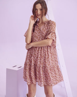 Floral Print V-Neck Mini Dress - Green, Pink