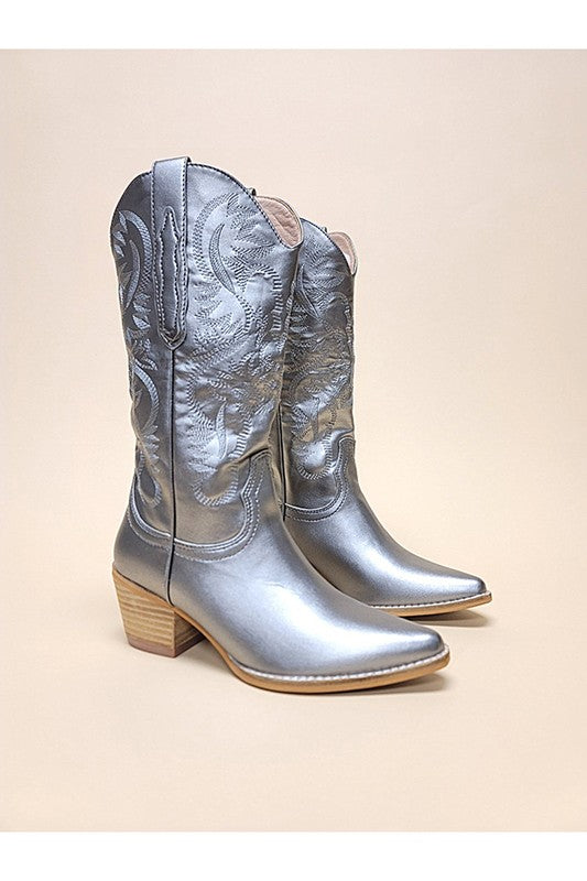 Embroidery Western Boots - Cream, White, Pewter