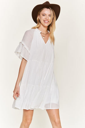 Ruffled Neck Tiered Mini Dress - Black, White