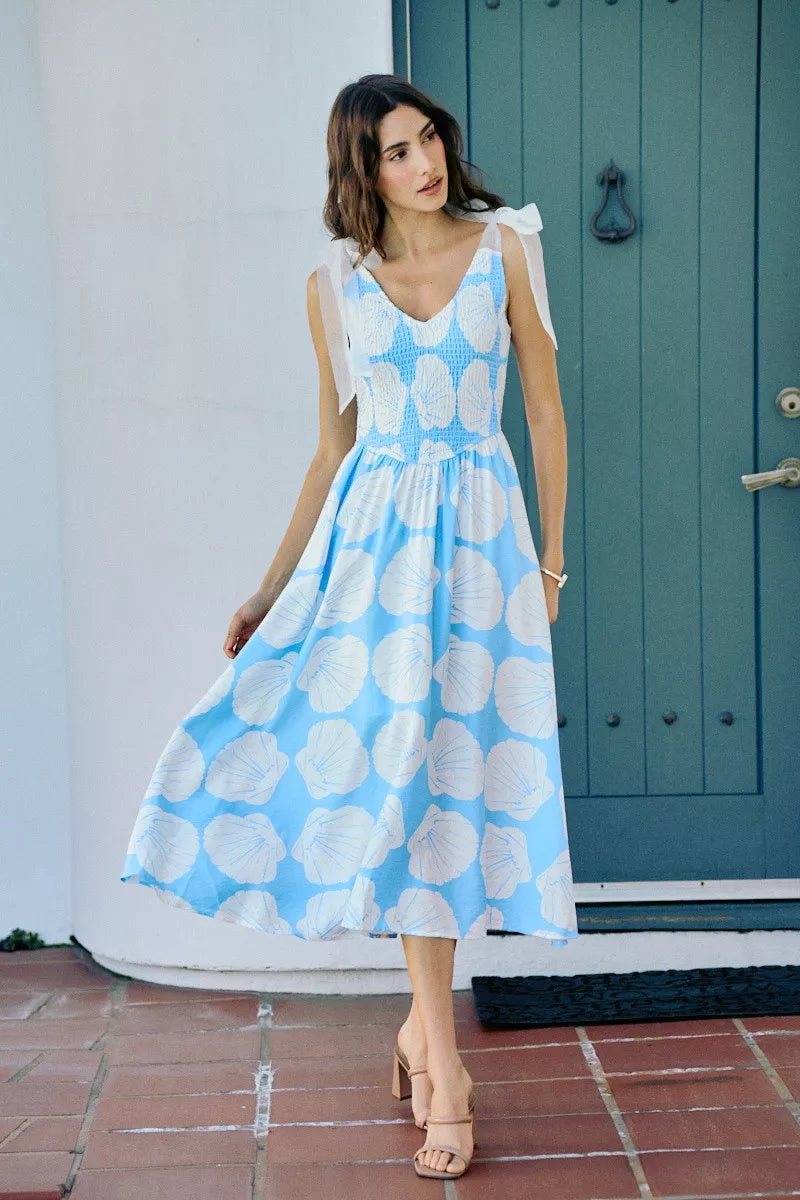 blue and white shell dress SHEIN Women's White And Blue Seashell Print Summer Dress,Casual Beach  Vacation Holiday Asymmetrical Shell Decor Short Dress,Fitted Resort Boat  Cruise Wear
