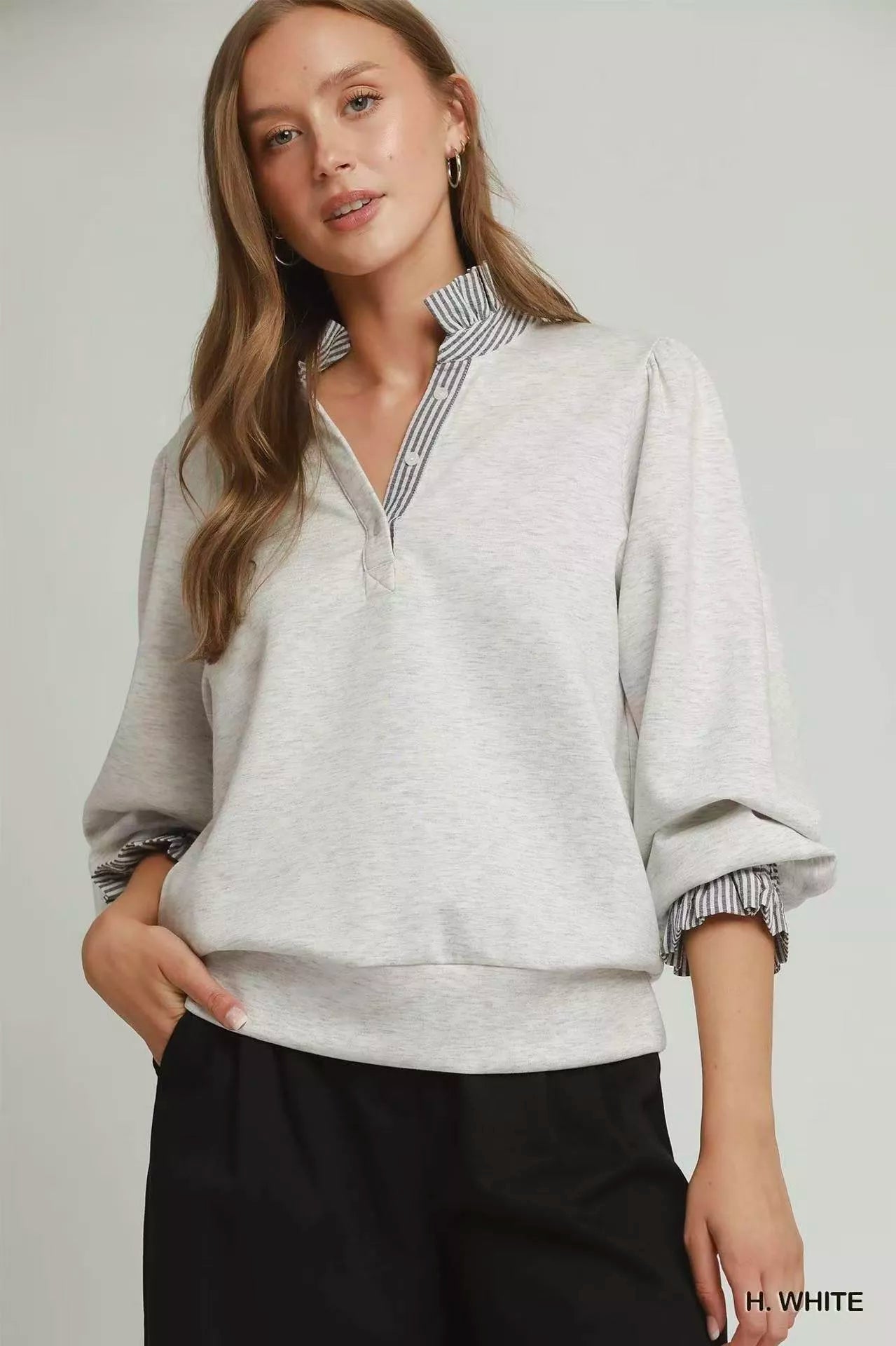 Stripe Ruffle Neck Long Sleeve Top