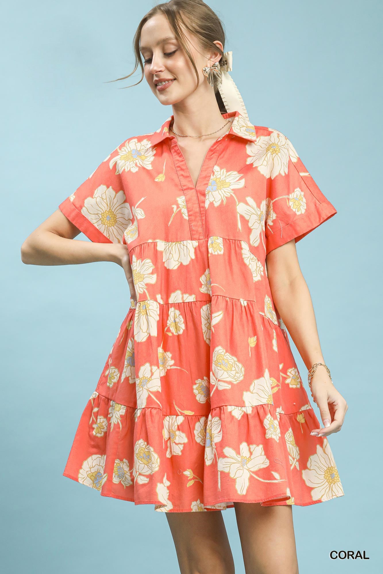 Floral Tiered Collared Babydoll Dress