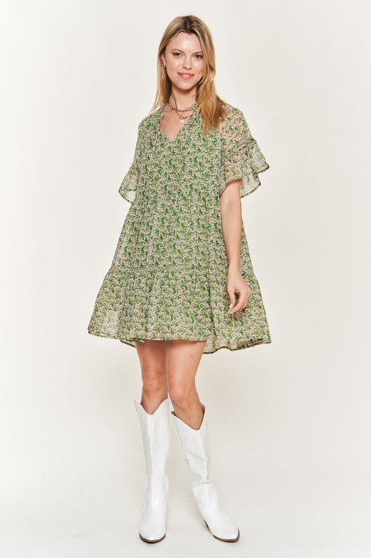 Floral Print V-Neck Mini Dress - Green, Pink