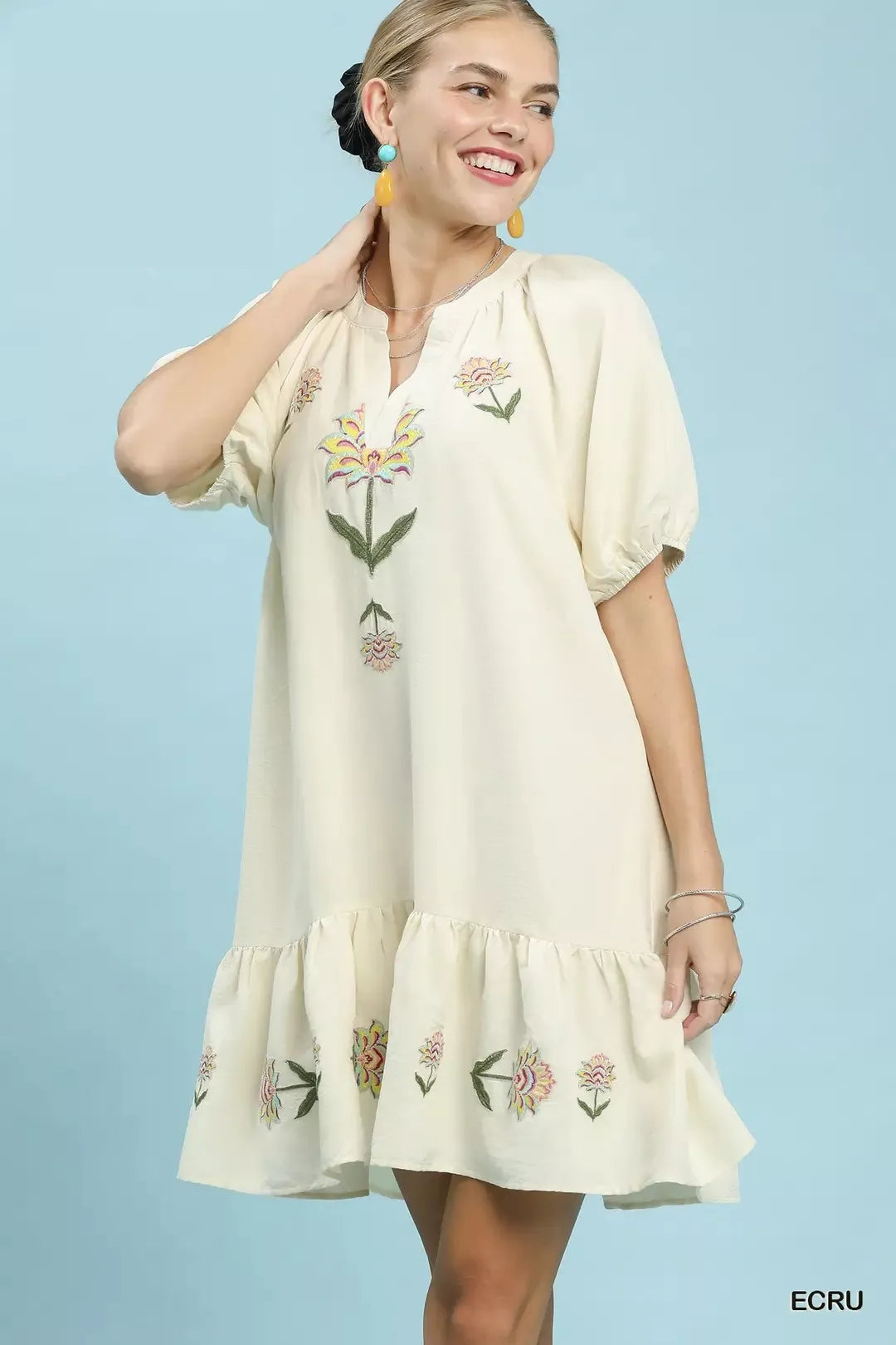 Umgee Embroidered Floral Babydoll Dress ECRU / S