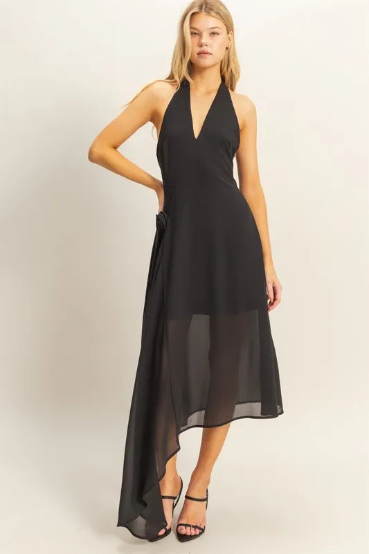 Chiffon Halter Asymmetrical Hem Dress Black / M