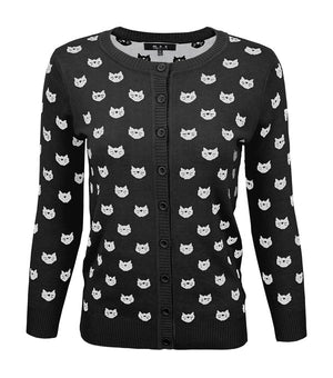 Round Neck Cat Patterned Cardigan Sweater