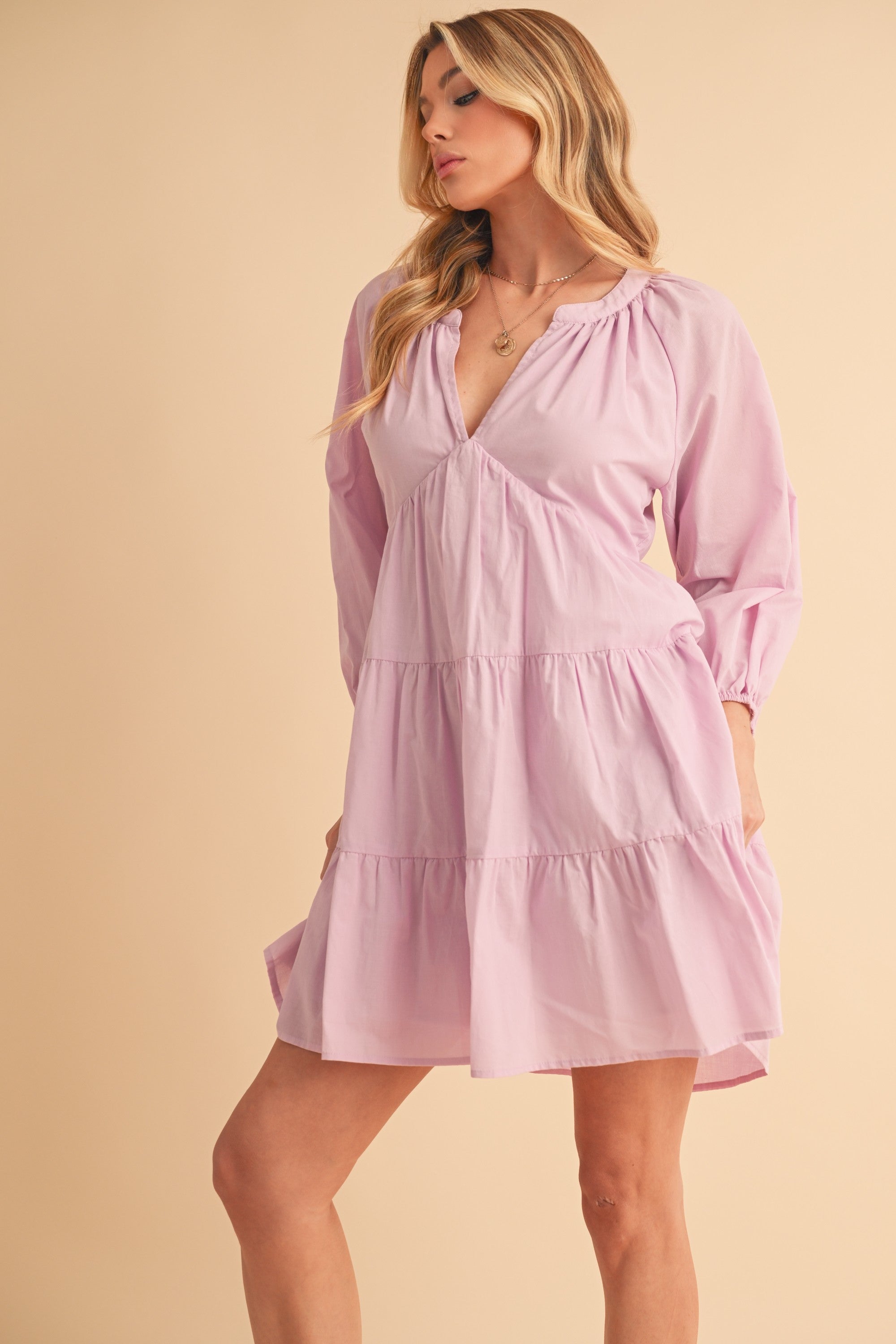 Notched Balloon Sleeve Tiered Mini Dress - Knitted Belle Notched Balloon Sleeve Tiered Mini Dress - Knitted Belle