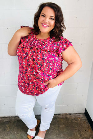French Rose Floral Print Frilled Short Sleeve Yoke Top