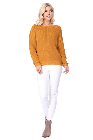 Waffle Stitch Bat Wing Bow Back Pullover  Sweater