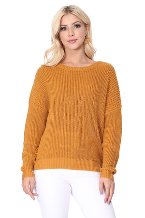 Waffle Stitch Bat Wing Bow Back Pullover  Sweater