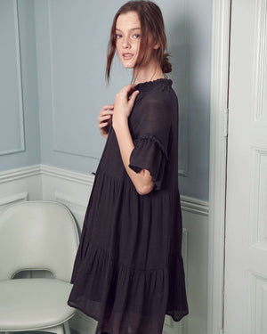Ruffled Neck Tiered Mini Dress - Black, White