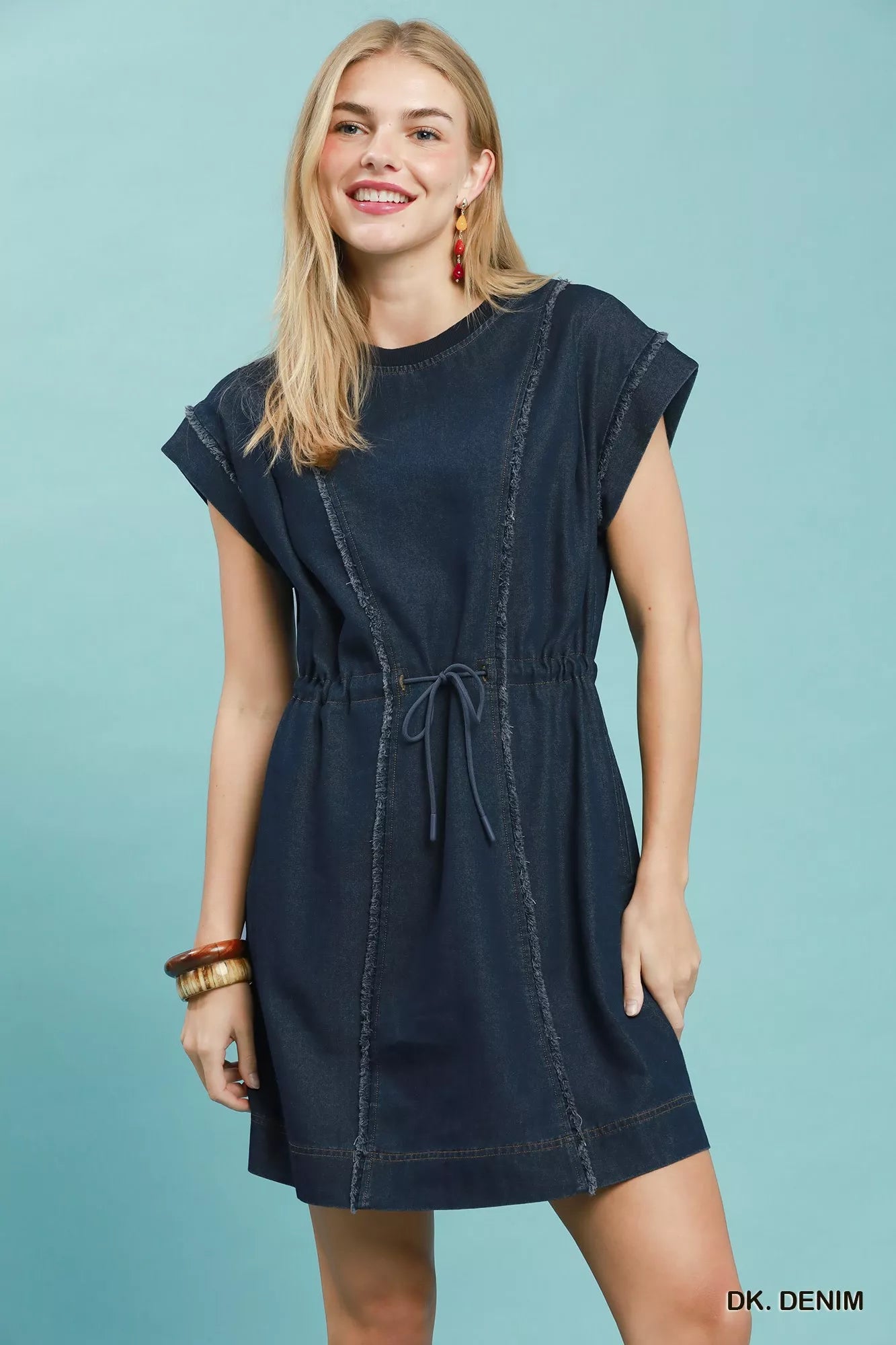 Drawstring Waist Frayed Denim Mini Dress