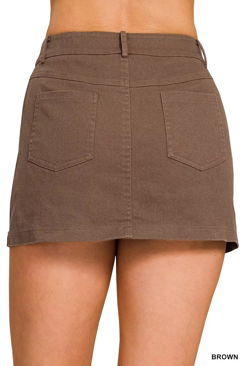 Cotton Twill Lined Mini Skirt - Brown - Knitted Belle Boutique