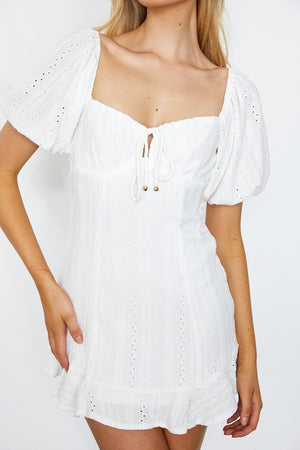 Textured Eyelet Puff Sleeved Empire Waist Mini Dress - White