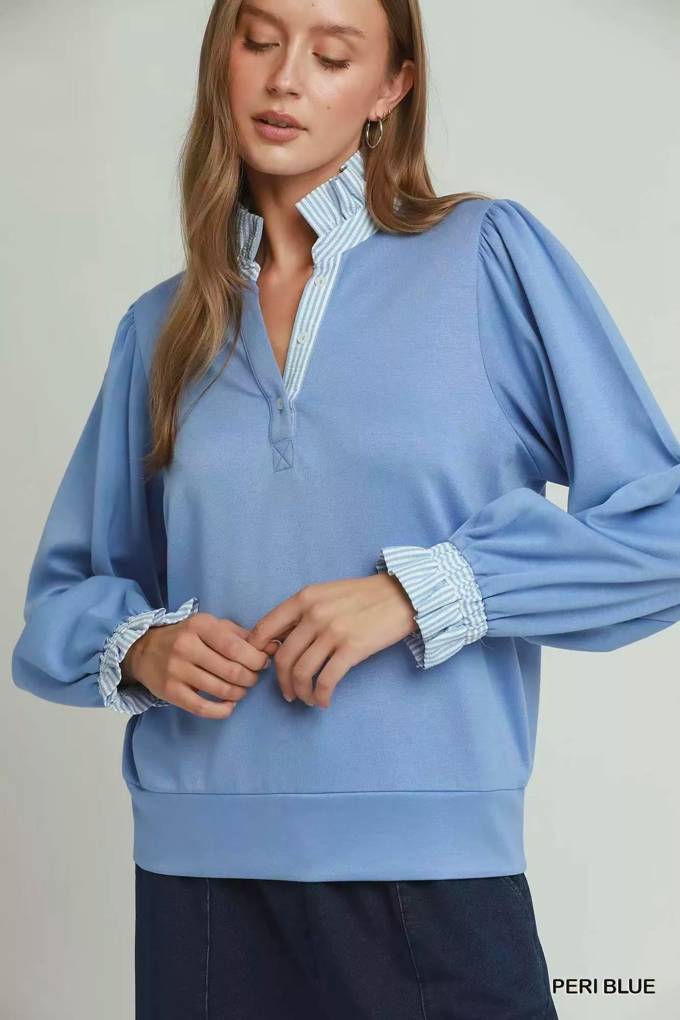 Stripe Ruffle Neck Long Sleeve Top