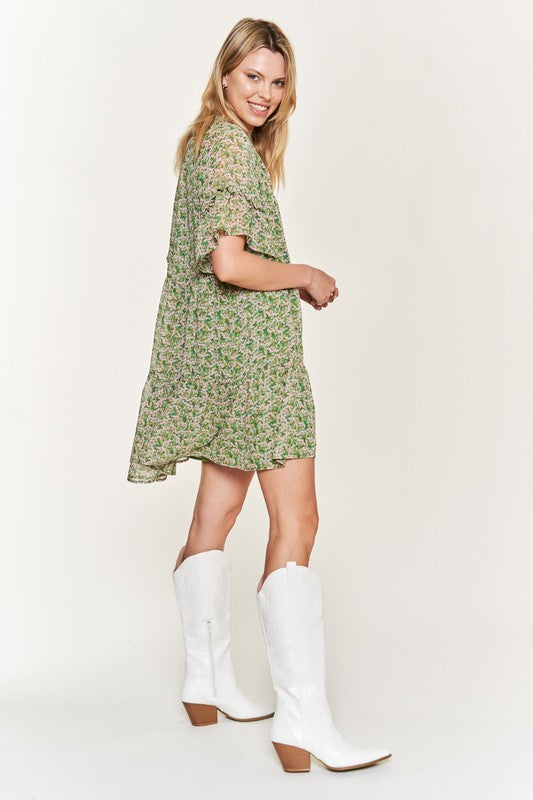 Floral Print V-Neck Mini Dress - Green, Pink