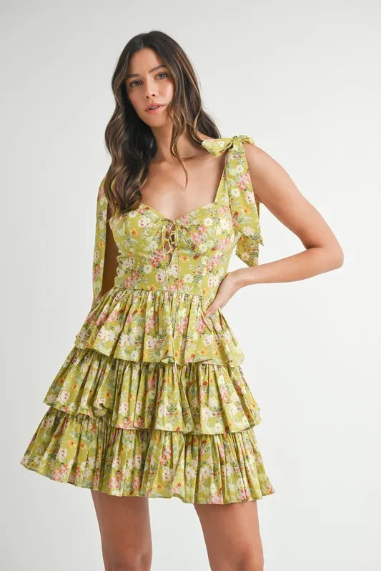 Floral Print Shoulder Tie Layered Mini Dress Kiwi / S Floral Print Shoulder Tie Layered Mini Dress Kiwi / S