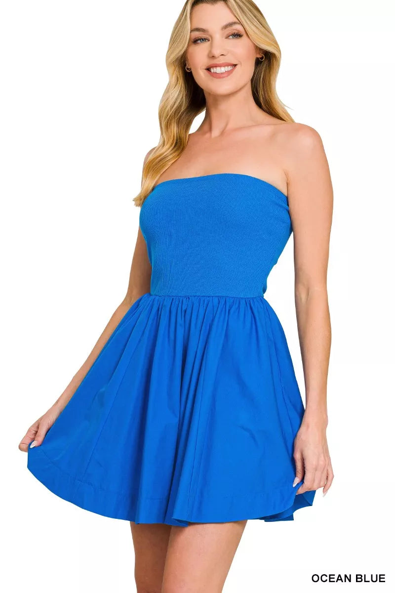 short blue puffy dress Zenana Combined Knit Tube Top Flare Mini Dress OCEAN BLUE / S