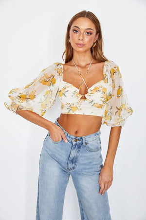 Floral Print Chiffon Balloon Sleeved Bustier Crop Top