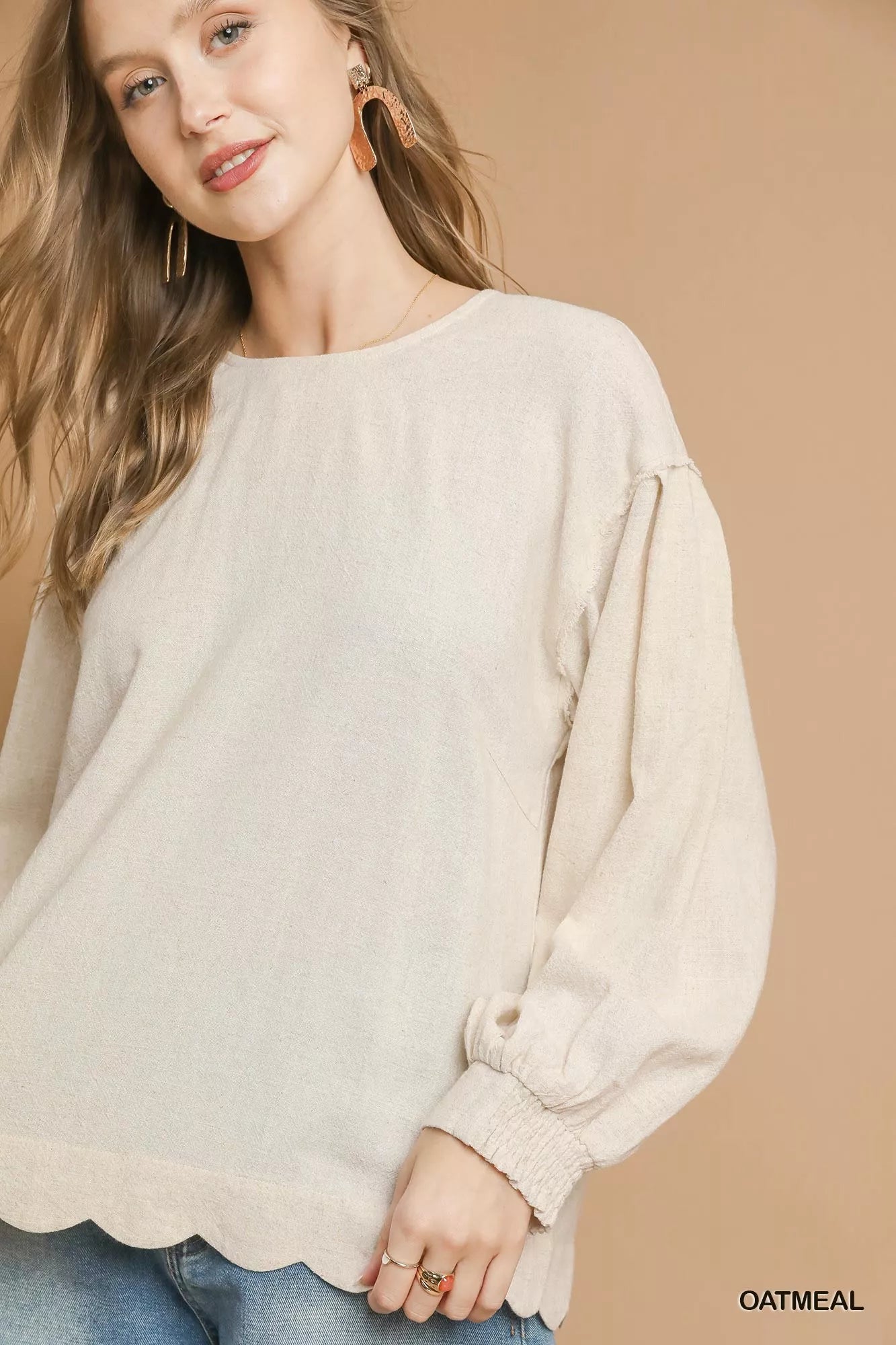 Linen Scallop Hem Long Sleeve Blouse - Knitted Belle Boutique
