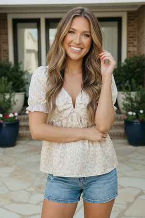 Satin Animal Print Puff Sleeve Babydoll Top