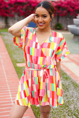 Eyes On You Coral Geo Abstract Surplice Woven Romper