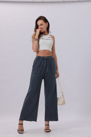 Acid Wash Wide-Leg Sweatpants – Relaxed Fit with Raw Hem