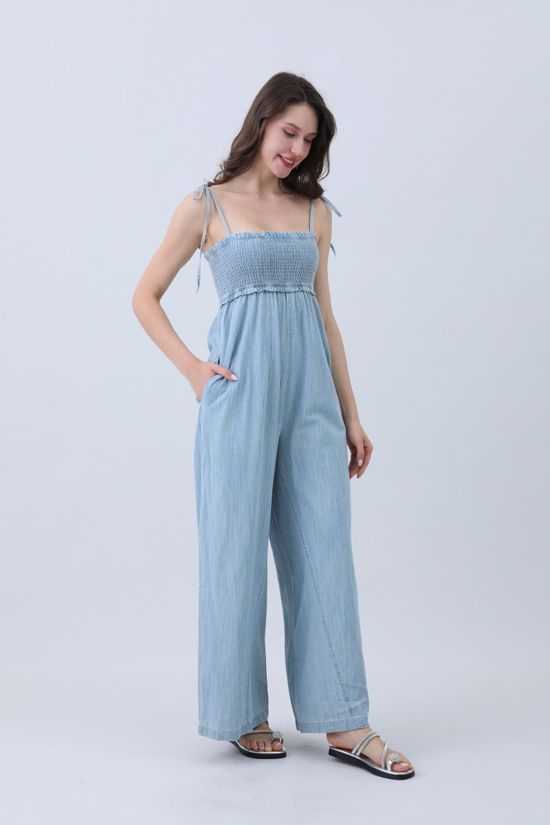 Light Blue Denim Jumpsuit – Smocked Top & Wide Legs
