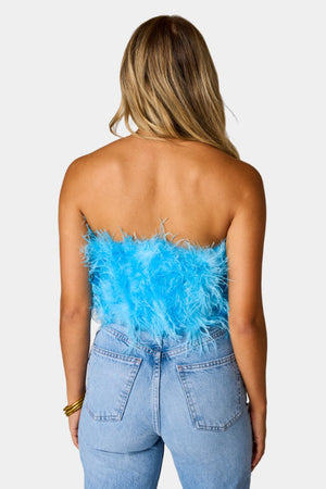 Fancy Strapless Feather Crop Top - Azure Blue