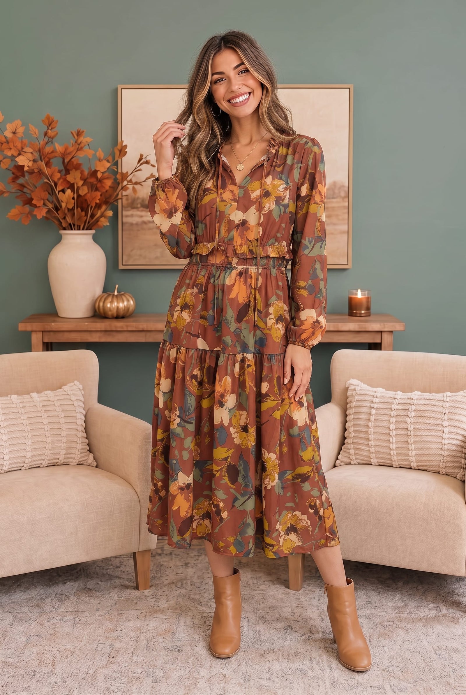 Harvest Bloom Tiered Midi Dress