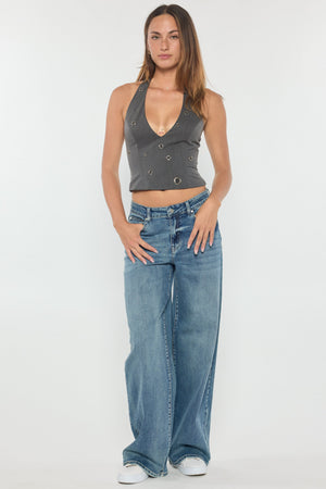 Mid Waist Relaxed Wide Leg Jeans with Heavy Brushed Wash