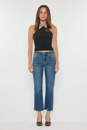High Rise Straight Jeans with Chewed Hem