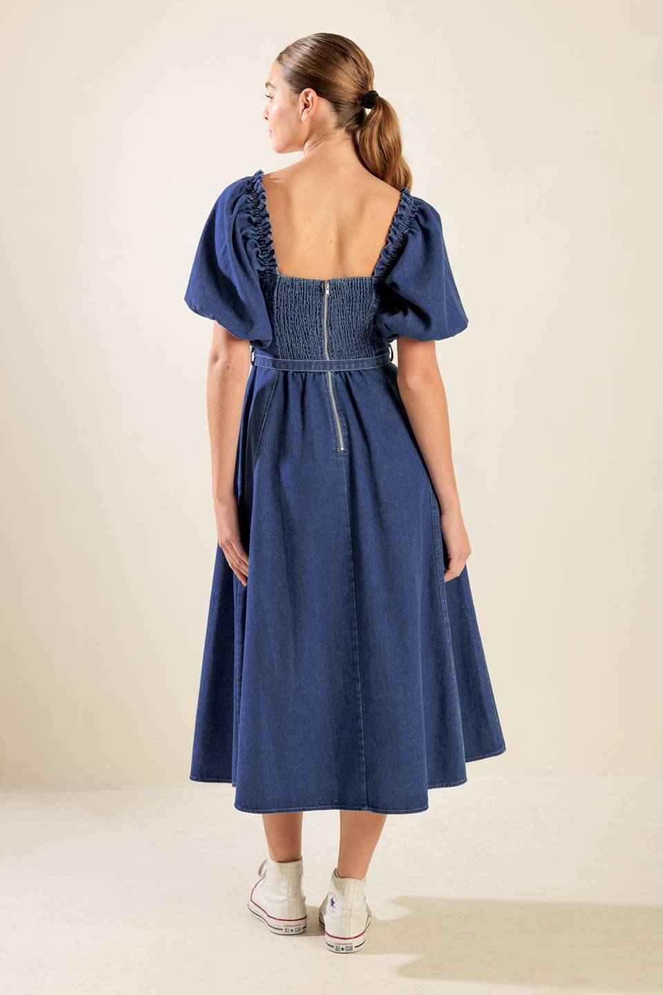 ALL SPRUCED UP DENIM MIDI DRESS