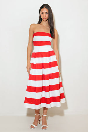EVERYDAY HUSTLE RED WOVEN MIDI DRESS