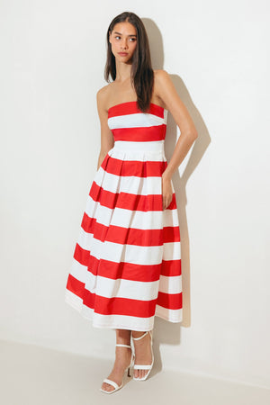EVERYDAY HUSTLE RED WOVEN MIDI DRESS