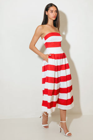 EVERYDAY HUSTLE RED WOVEN MIDI DRESS