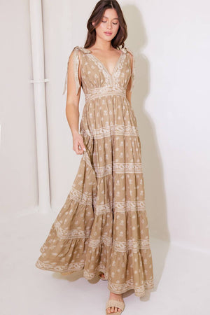 CUDDLY ATTITUDE TAUPE WOVEN MAXI DRESS